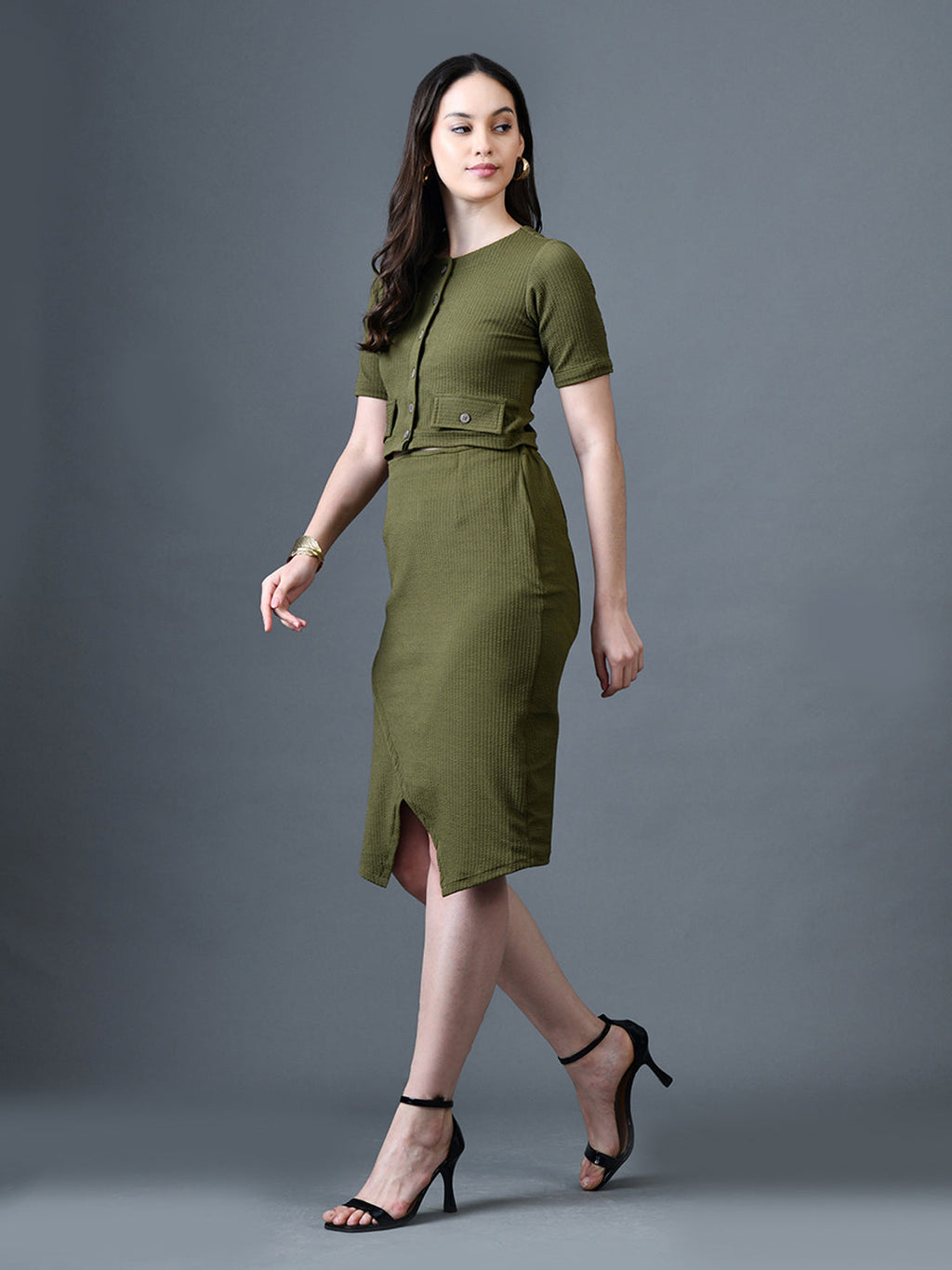 Myshka Women Olive Polyester A-Line Round Neck Solid Knee Length Short Sleeves Co-Ords | Grocsy