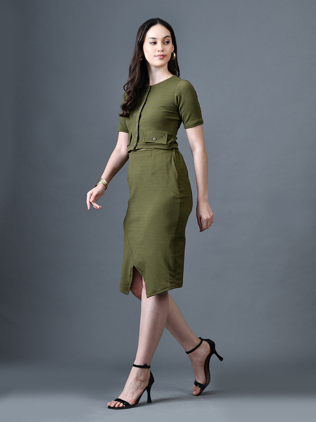 Myshka Women Olive Polyester A-Line Round Neck Solid Knee Length Short Sleeves Co-Ords | Grocsy