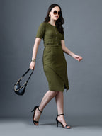 Myshka Women Olive Polyester A-Line Round Neck Solid Knee Length Short Sleeves Co-Ords | Grocsy