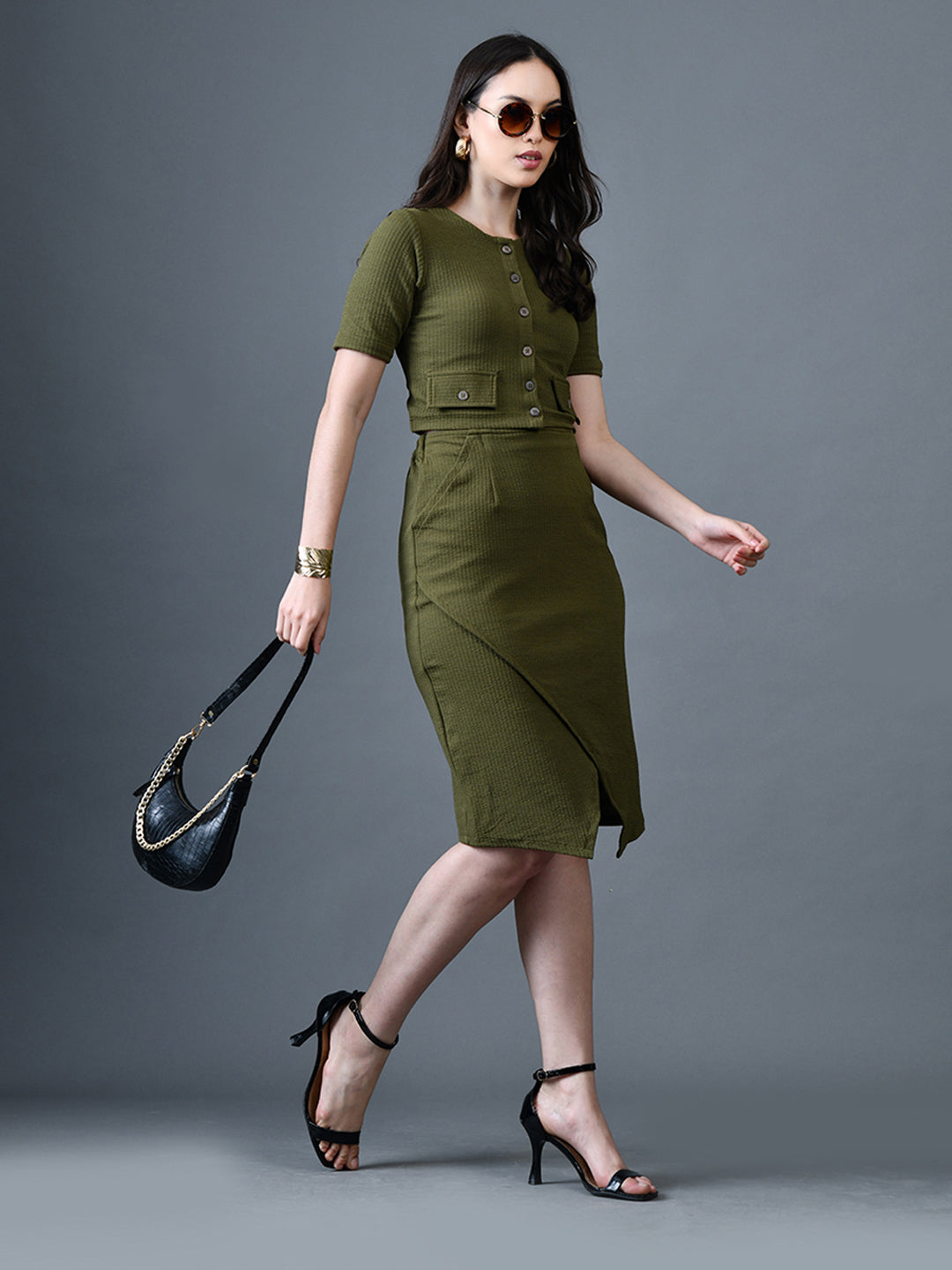 Myshka Women Olive Polyester A-Line Round Neck Solid Knee Length Short Sleeves Co-Ords | Grocsy