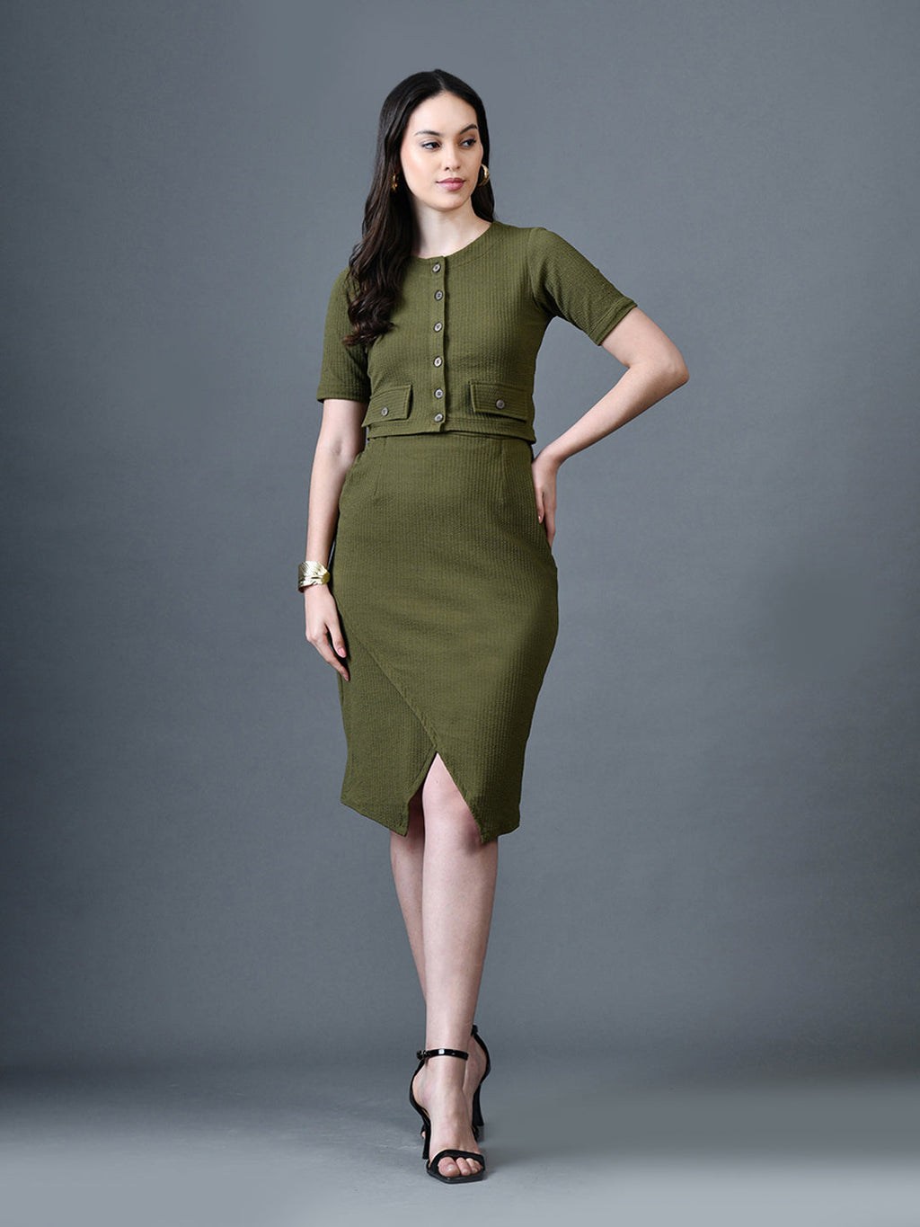 Myshka Women Olive Polyester A-Line Round Neck Solid Knee Length Short Sleeves Co-Ords | Grocsy