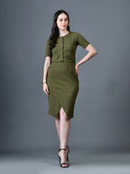 Myshka Women Olive Polyester A-Line Round Neck Solid Knee Length Short Sleeves Co-Ords | Grocsy