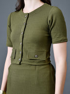 Myshka Women Olive Polyester A-Line Round Neck Solid Knee Length Short Sleeves Co-Ords | Grocsy