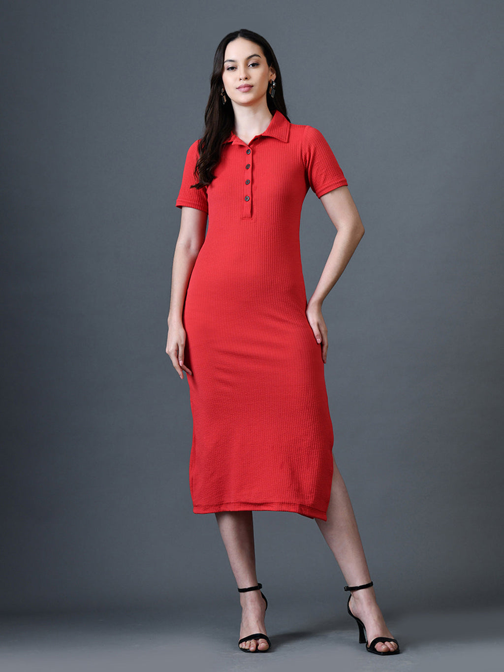 Myshka Women Red Polyester A-Line Shirt Collar Solid Knee Length Short Sleeves Dresses | Grocsy