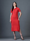 Myshka Women Red Polyester A-Line Shirt Collar Solid Knee Length Short Sleeves Dresses | Grocsy