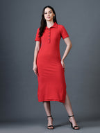 Myshka Women Red Polyester A-Line Shirt Collar Solid Knee Length Short Sleeves Dresses | Grocsy