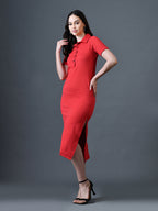 Myshka Women Red Polyester A-Line Shirt Collar Solid Knee Length Short Sleeves Dresses | Grocsy