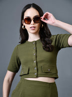 Myshka Women Olive Polyester A-Line Round Neck Solid Knee Length Short Sleeves Co-Ords | Grocsy