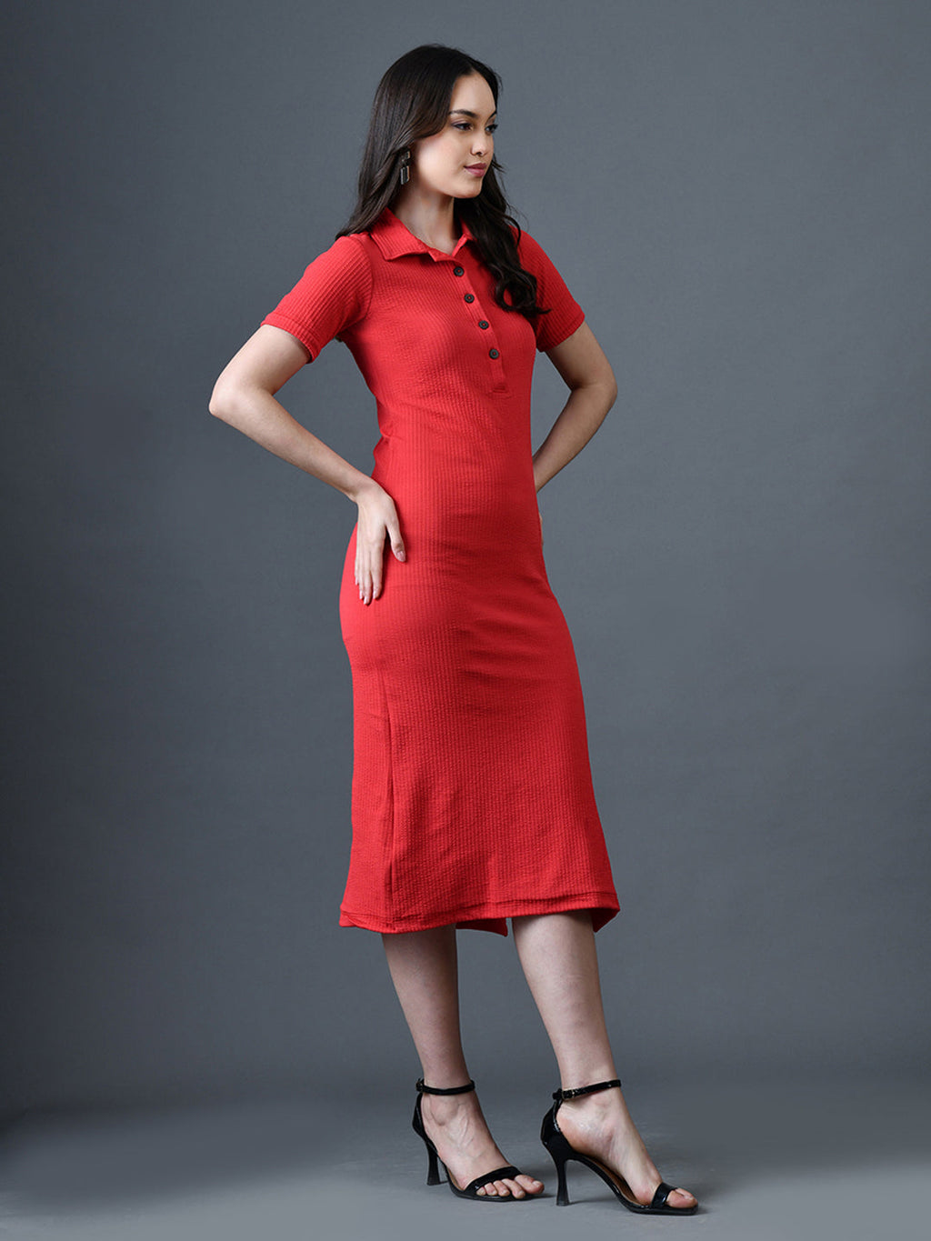 Myshka Women Red Polyester A-Line Shirt Collar Solid Knee Length Short Sleeves Dresses | Grocsy
