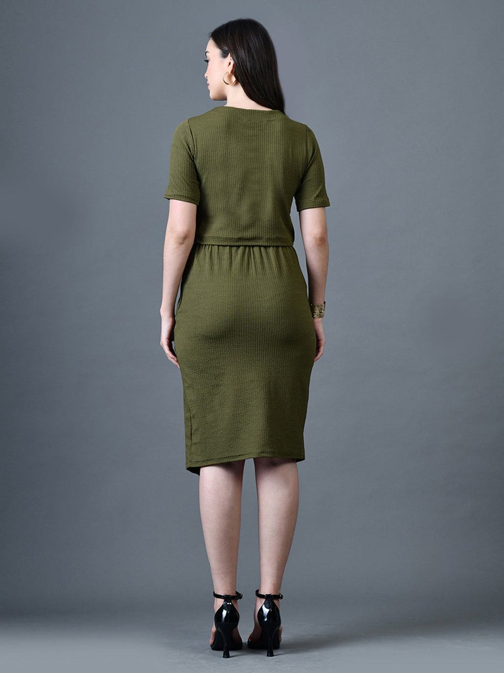 Myshka Women Olive Polyester A-Line Round Neck Solid Knee Length Short Sleeves Co-Ords | Grocsy