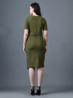 Myshka Women Olive Polyester A-Line Round Neck Solid Knee Length Short Sleeves Co-Ords | Grocsy