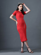 Myshka Women Red Polyester A-Line Shirt Collar Solid Knee Length Short Sleeves Dresses | Grocsy