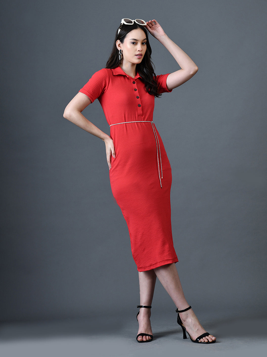 Myshka Women Red Polyester A-Line Shirt Collar Solid Knee Length Short Sleeves Dresses | Grocsy