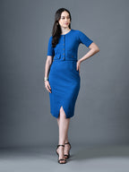 Myshka Women Blue Polyester A-Line Round Neck Solid Knee Length Short Sleeves Co-Ords | Grocsy