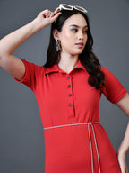 Myshka Women Red Polyester A-Line Shirt Collar Solid Knee Length Short Sleeves Dresses | Grocsy
