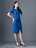 Myshka Women Blue Polyester A-Line Round Neck Solid Knee Length Short Sleeves Co-Ords | Grocsy