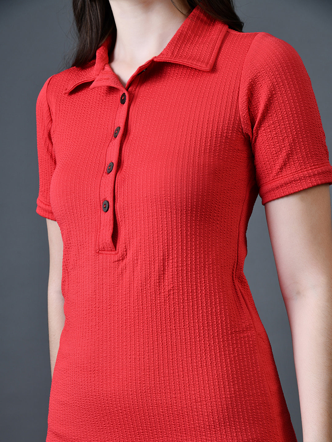 Myshka Women Red Polyester A-Line Shirt Collar Solid Knee Length Short Sleeves Dresses | Grocsy