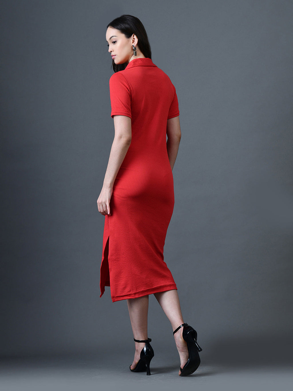 Myshka Women Red Polyester A-Line Shirt Collar Solid Knee Length Short Sleeves Dresses | Grocsy