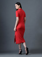 Myshka Women Red Polyester A-Line Shirt Collar Solid Knee Length Short Sleeves Dresses | Grocsy