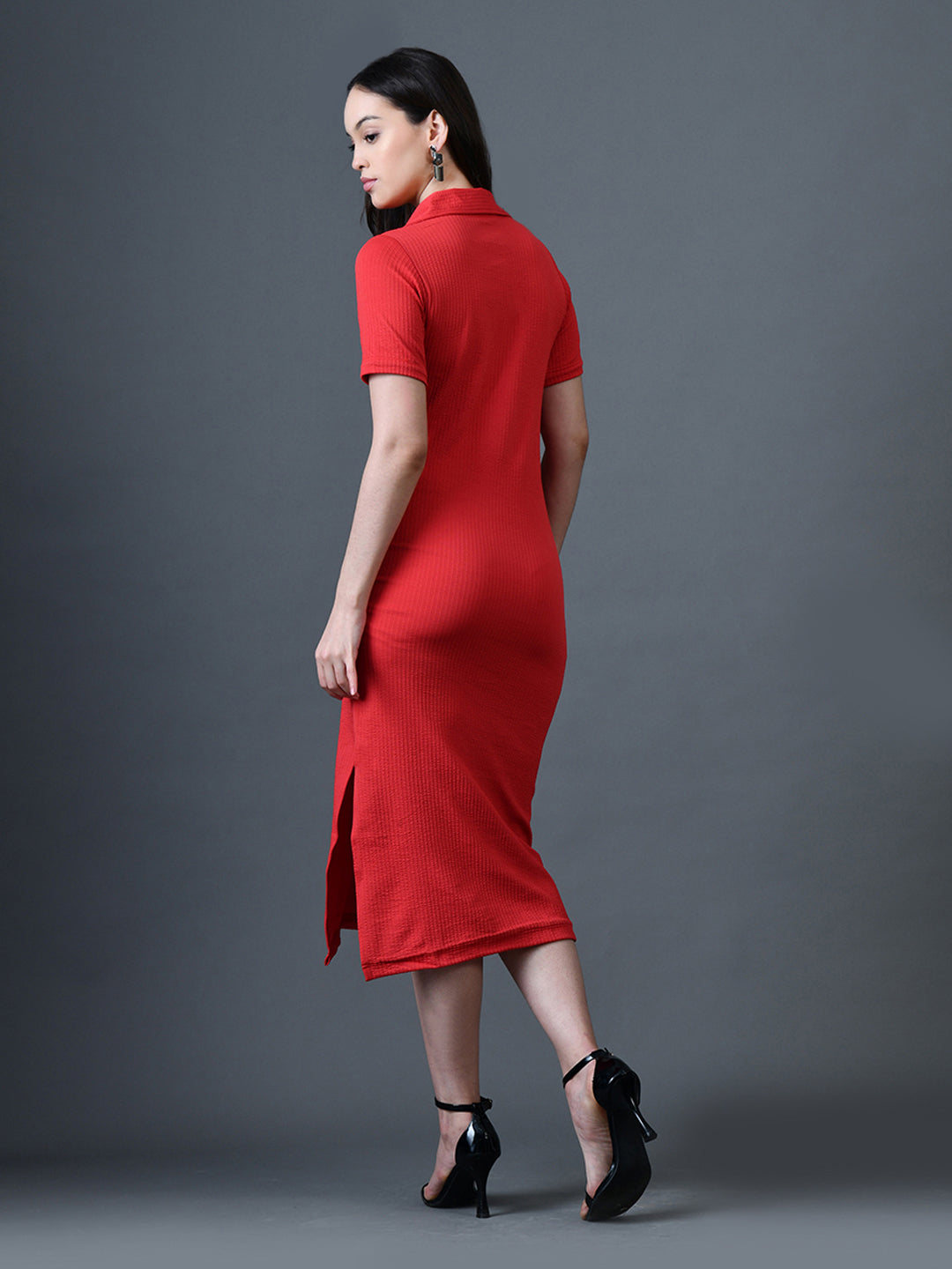 Myshka Women Red Polyester A-Line Shirt Collar Solid Knee Length Short Sleeves Dresses | Grocsy
