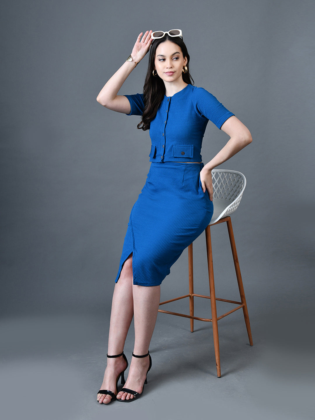 Myshka Women Blue Polyester A-Line Round Neck Solid Knee Length Short Sleeves Co-Ords | Grocsy