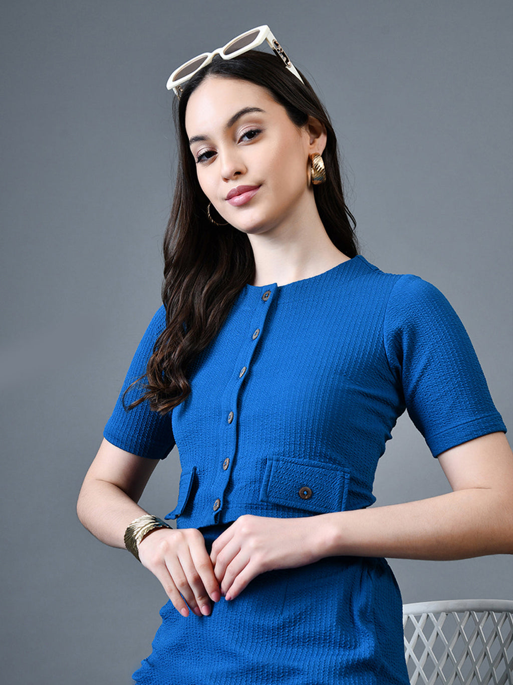 Myshka Women Blue Polyester A-Line Round Neck Solid Knee Length Short Sleeves Co-Ords | Grocsy