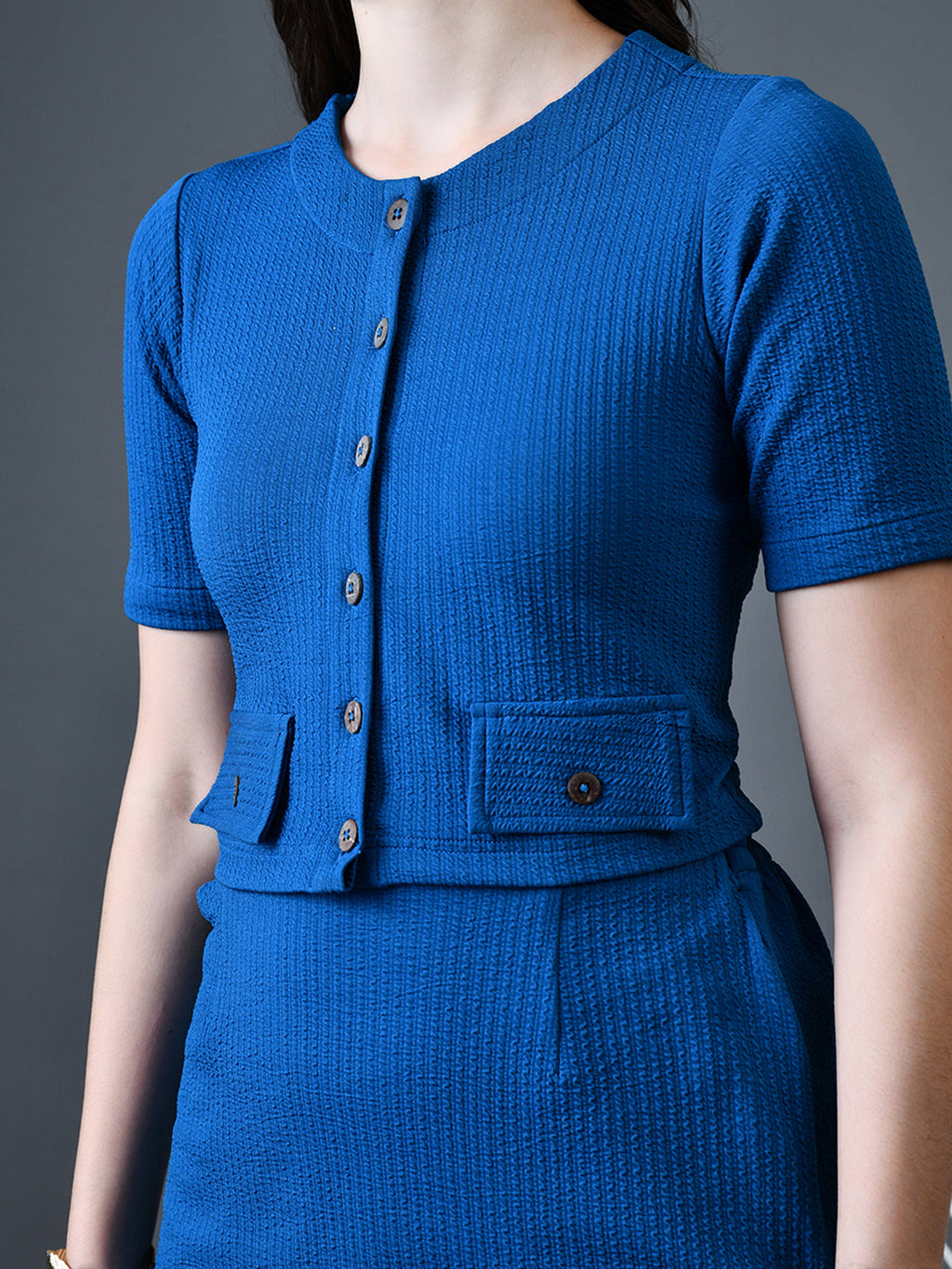 Myshka Women Blue Polyester A-Line Round Neck Solid Knee Length Short Sleeves Co-Ords | Grocsy