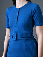 Myshka Women Blue Polyester A-Line Round Neck Solid Knee Length Short Sleeves Co-Ords | Grocsy