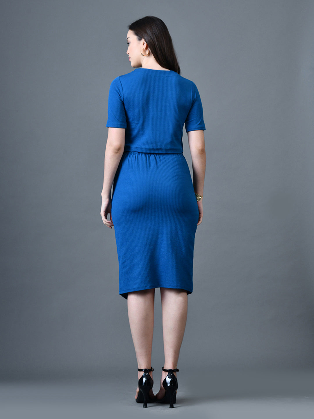 Myshka Women Blue Polyester A-Line Round Neck Solid Knee Length Short Sleeves Co-Ords | Grocsy