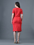 Myshka Women Red Polyester A-Line Round Neck Solid Knee Length Short Sleeves Co-Ords | Grocsy