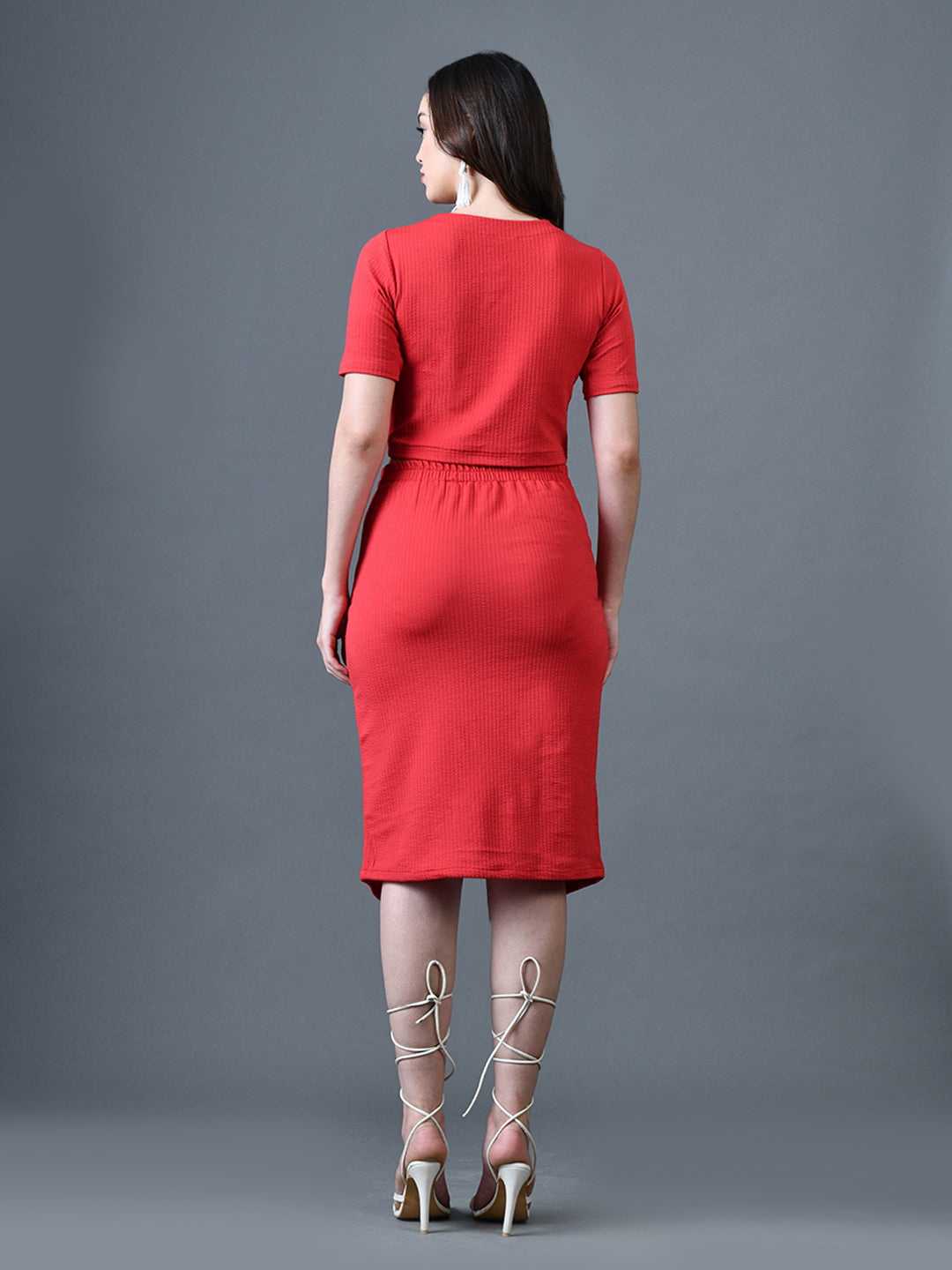Myshka Women Red Polyester A-Line Round Neck Solid Knee Length Short Sleeves Co-Ords | Grocsy