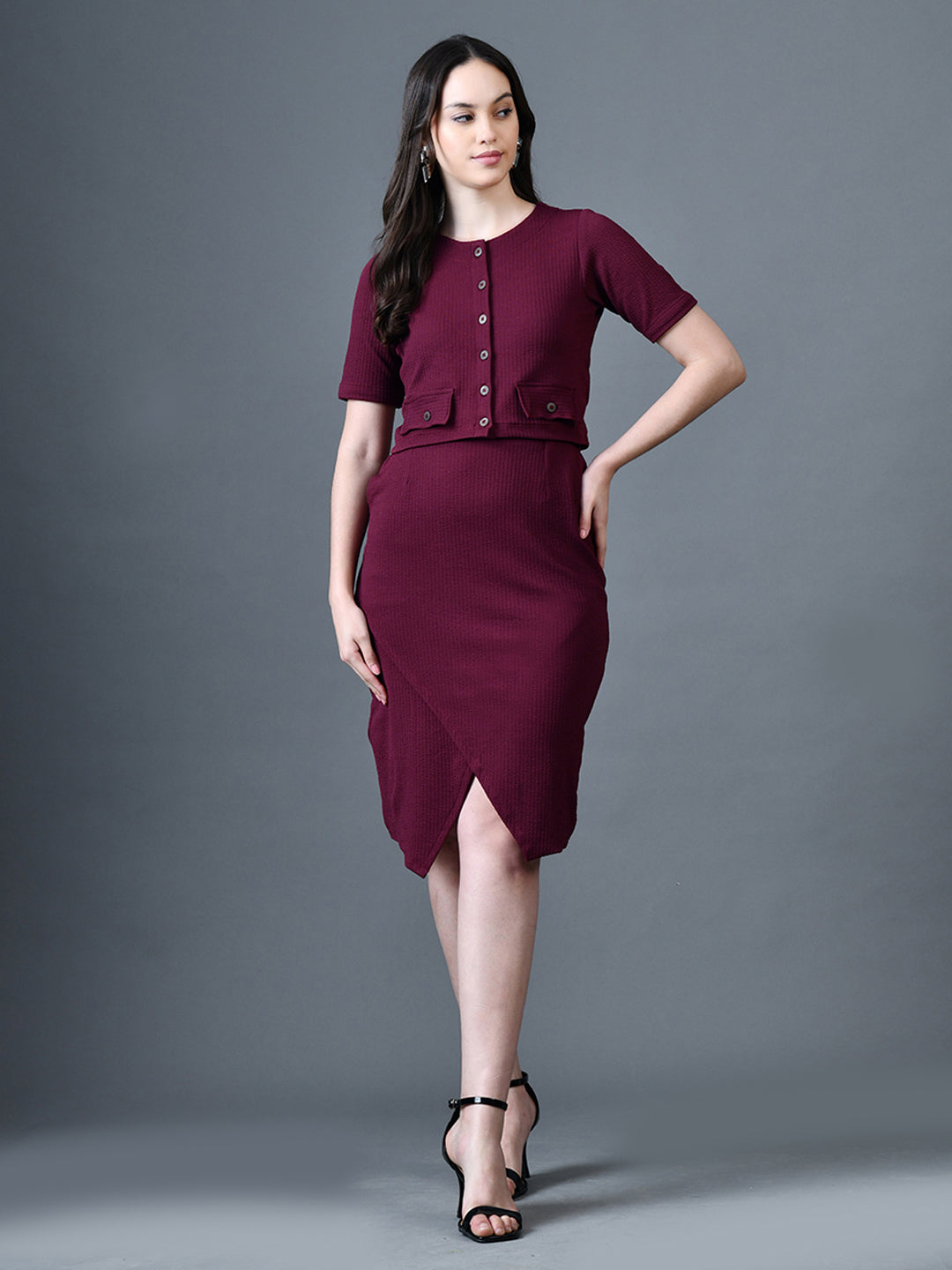 Myshka Women Magenta Polyester A-Line Round Neck Solid Knee Length Short Sleeves Co-Ords | Grocsy