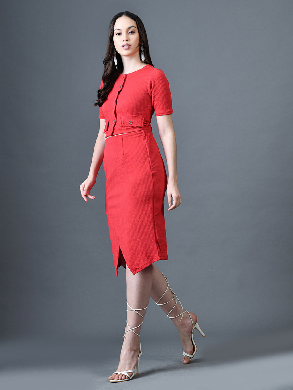 Myshka Women Red Polyester A-Line Round Neck Solid Knee Length Short Sleeves Co-Ords | Grocsy