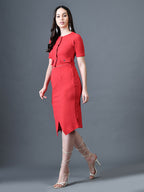 Myshka Women Red Polyester A-Line Round Neck Solid Knee Length Short Sleeves Co-Ords | Grocsy