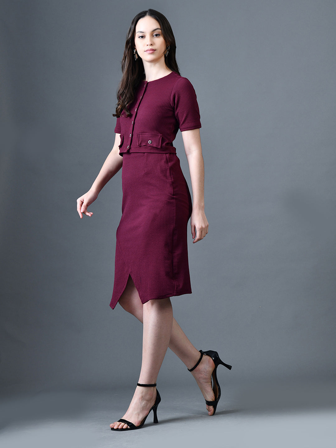 Myshka Women Magenta Polyester A-Line Round Neck Solid Knee Length Short Sleeves Co-Ords | Grocsy