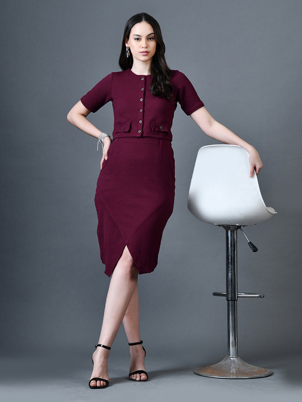 Myshka Women Magenta Polyester A-Line Round Neck Solid Knee Length Short Sleeves Co-Ords | Grocsy