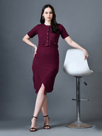 Myshka Women Magenta Polyester A-Line Round Neck Solid Knee Length Short Sleeves Co-Ords | Grocsy