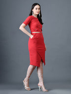 Myshka Women Red Polyester A-Line Round Neck Solid Knee Length Short Sleeves Co-Ords | Grocsy