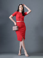 Myshka Women Red Polyester A-Line Round Neck Solid Knee Length Short Sleeves Co-Ords | Grocsy