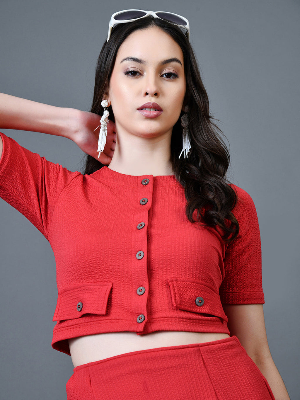 Myshka Women Red Polyester A-Line Round Neck Solid Knee Length Short Sleeves Co-Ords | Grocsy