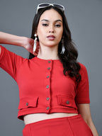 Myshka Women Red Polyester A-Line Round Neck Solid Knee Length Short Sleeves Co-Ords | Grocsy