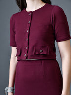 Myshka Women Magenta Polyester A-Line Round Neck Solid Knee Length Short Sleeves Co-Ords | Grocsy