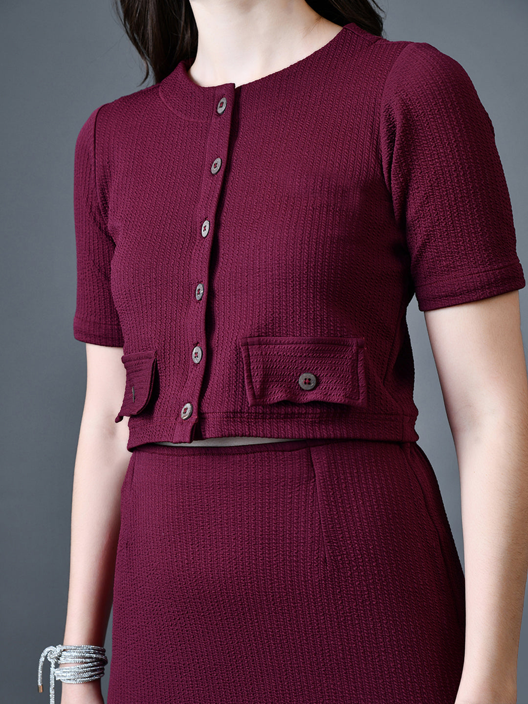 Myshka Women Magenta Polyester A-Line Round Neck Solid Knee Length Short Sleeves Co-Ords | Grocsy