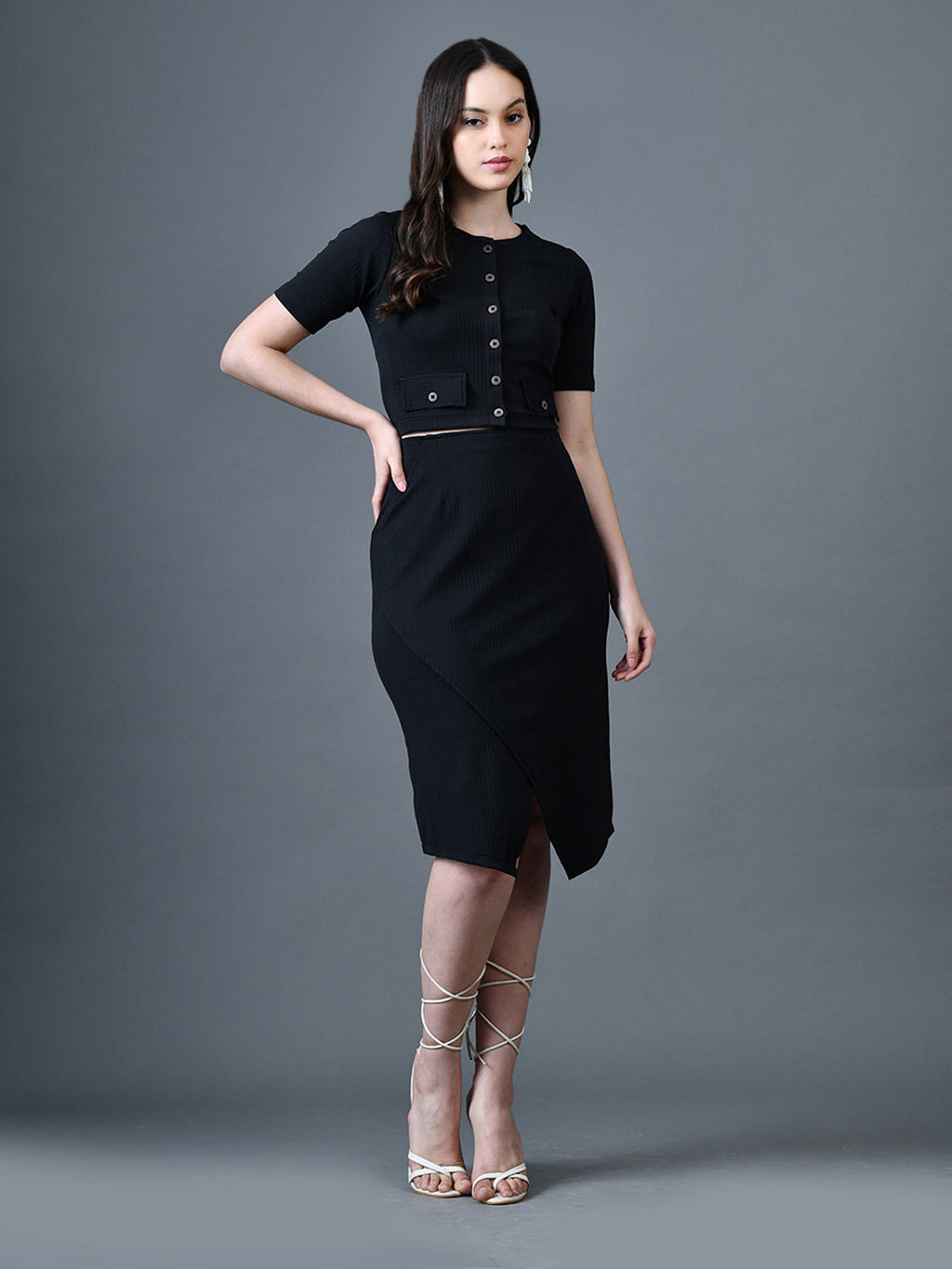 Myshka Women Black Polyester A-Line Round Neck Solid Knee Length Short Sleeves Co-Ords | Grocsy