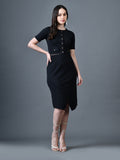 Myshka Women Black Polyester A-Line Round Neck Solid Knee Length Short Sleeves Co-Ords | Grocsy