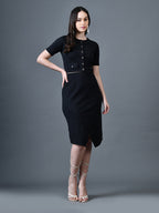 Myshka Women Black Polyester A-Line Round Neck Solid Knee Length Short Sleeves Co-Ords | Grocsy