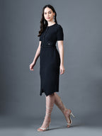 Myshka Women Black Polyester A-Line Round Neck Solid Knee Length Short Sleeves Co-Ords | Grocsy