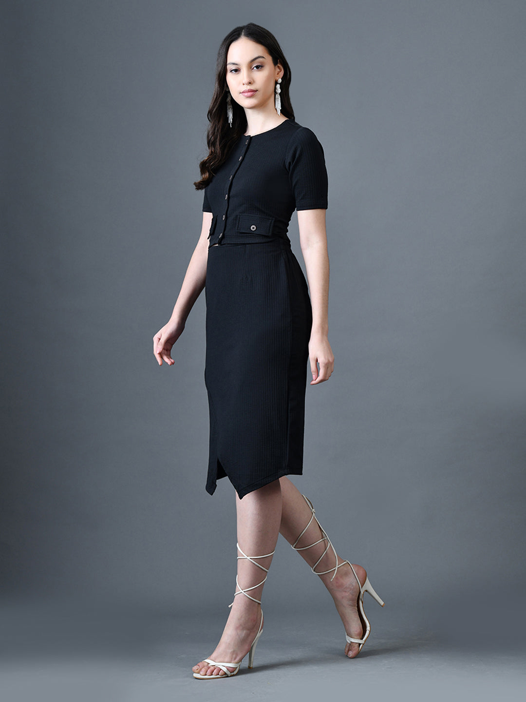 Myshka Women Black Polyester A-Line Round Neck Solid Knee Length Short Sleeves Co-Ords | Grocsy