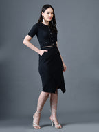 Myshka Women Black Polyester A-Line Round Neck Solid Knee Length Short Sleeves Co-Ords | Grocsy