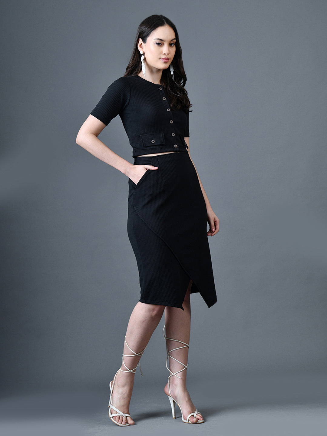 Myshka Women Black Polyester A-Line Round Neck Solid Knee Length Short Sleeves Co-Ords | Grocsy